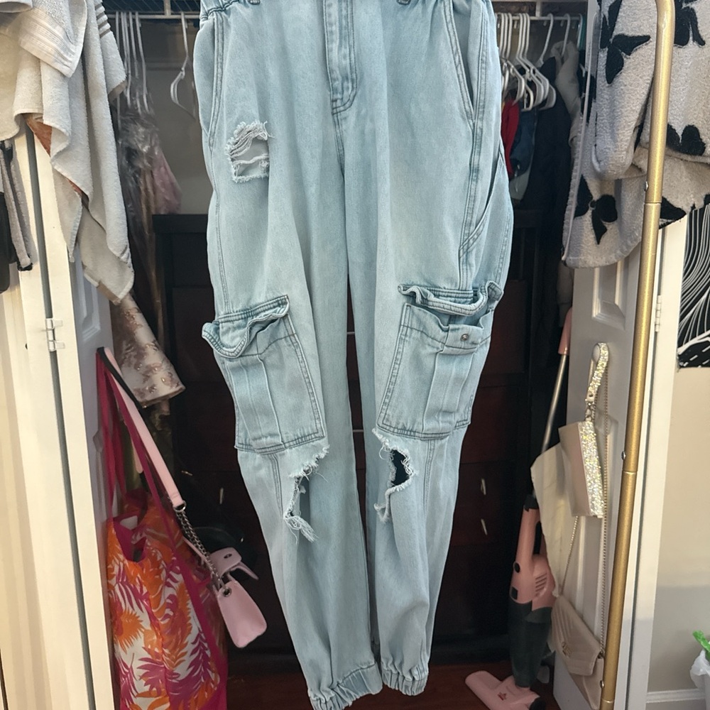 Forever 21 Light Blue Ripped cargo Jeans